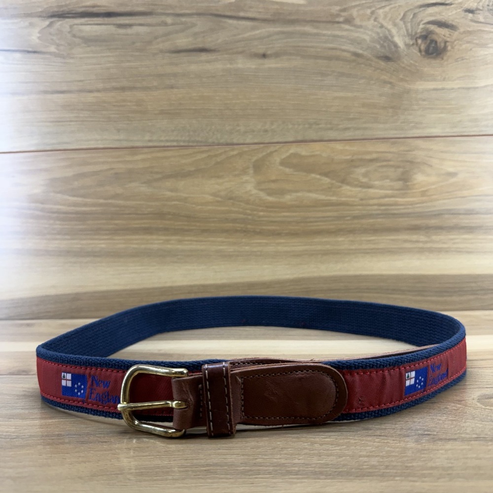 Preston Mens Belt Size 38 New England Flag Pattern & Brown Leather USA Made